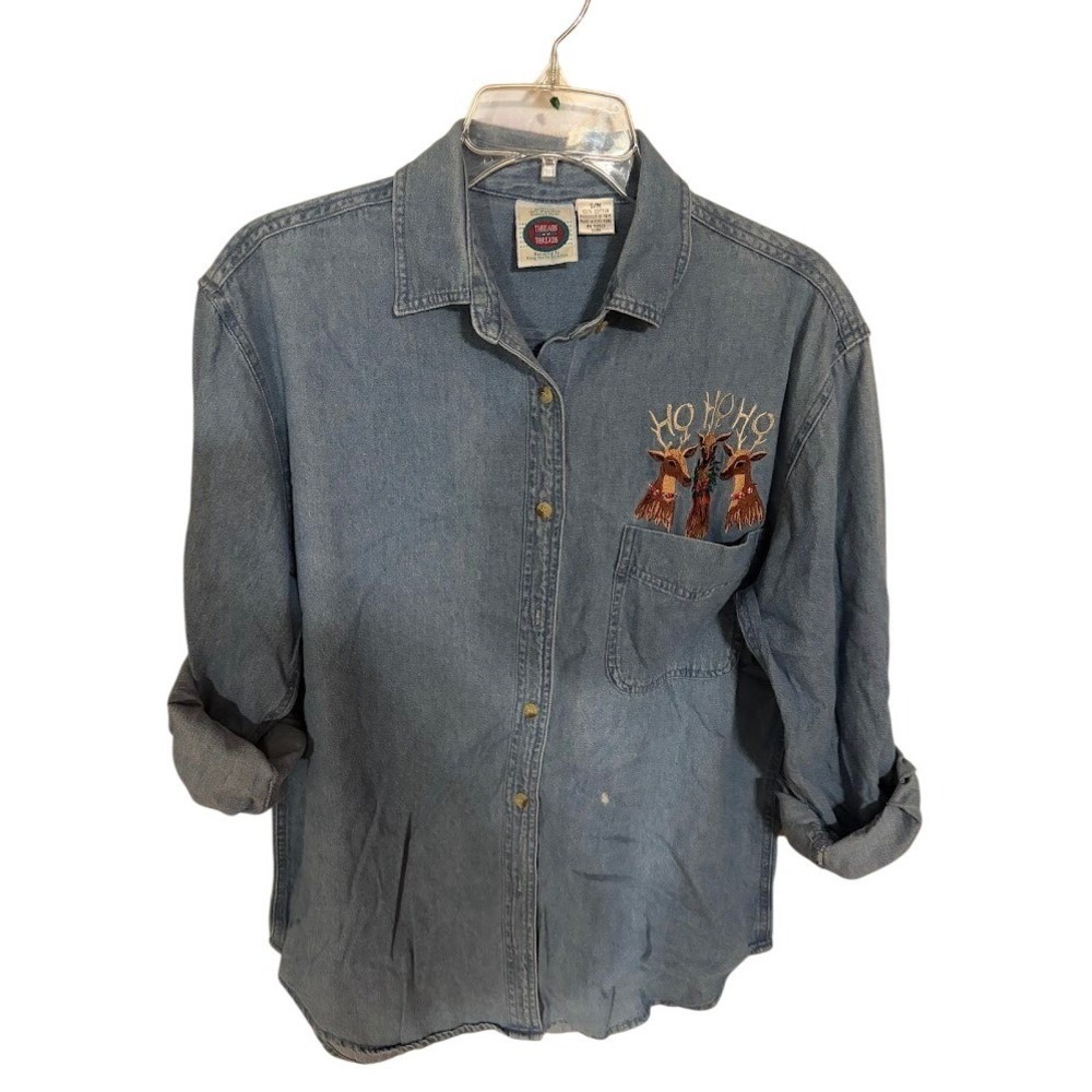 Threads 4 Threads Womens Denim Shirt Reindeer Ho Ho Ho Holiday Blue Cotton S/M - Picture 1 of 3